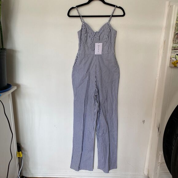 WAYF Massa Front Tie-Knot Pockets Blue White Pin Striped Jumpsuit Romper XS - Picture 3 of 12